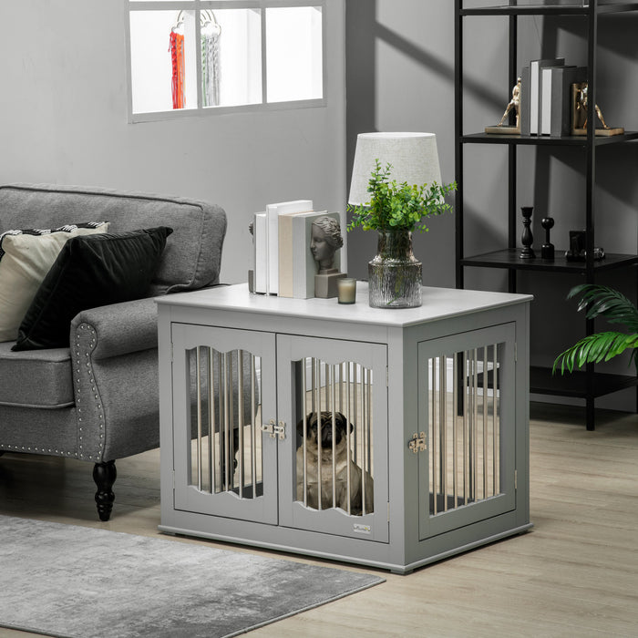 Pawhut Dog Crate Furniture, 32\" Dog Kennel Side End Table With Three Doors, Locks, Dog Cage For Indoor Use, For Small Medium Dogs, Grey