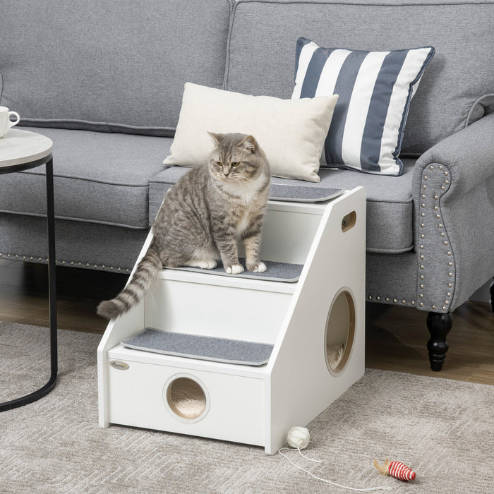 Pawhut Pet Stairs For Miniature Dogs Hidden House, Cat Steps For Couch High Bed Sofa, Portable Puppy Stairs For Climbing With Handles, Non-slip Carpet, Side Holes For Entry, White