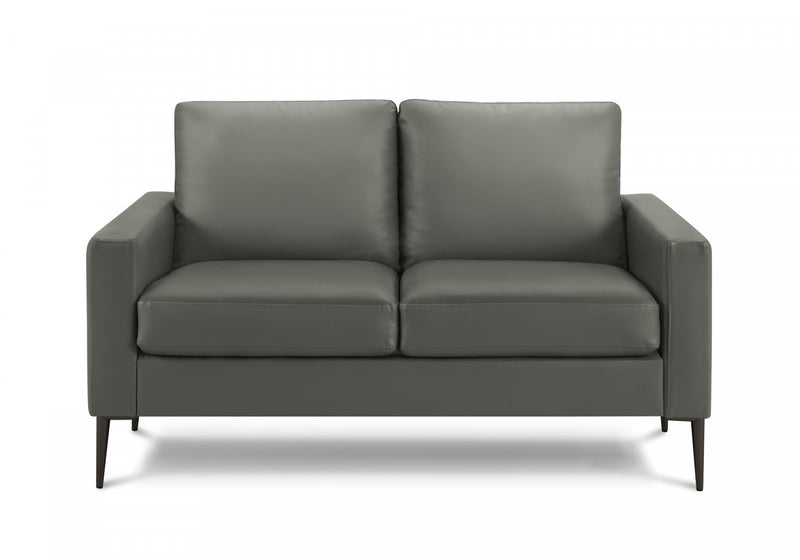 Upholstered Love Seat, 58\" L, Dark Grey Leather-Look, Black Metal Legs, Modern Loveseat