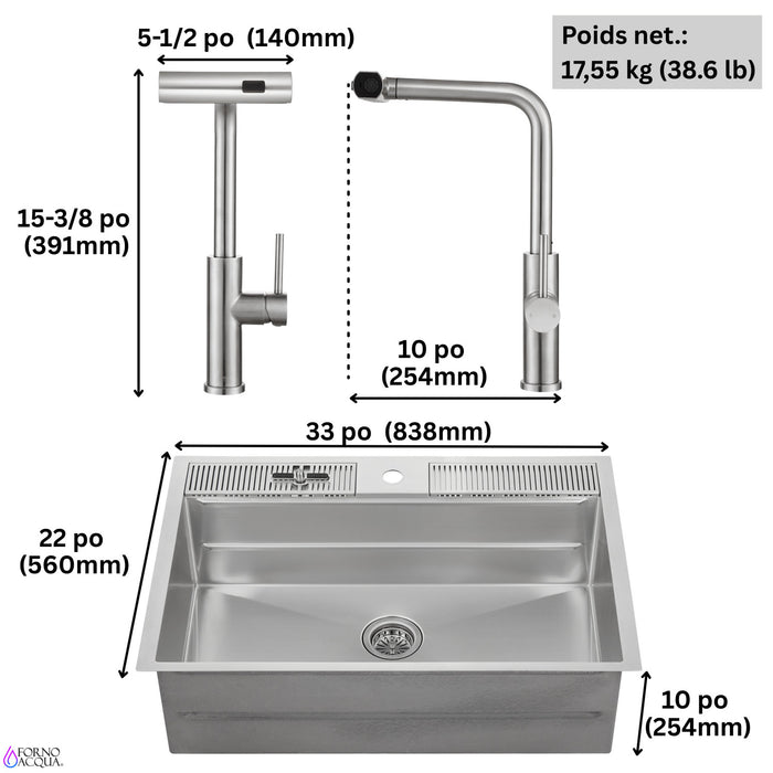 MultiSINK 33 in. Dual Mounted 3-Level Workstation Kitchen Sink, Faucet, Glass Rinser,Stainless Steel -D-XP30 Laundry Combo