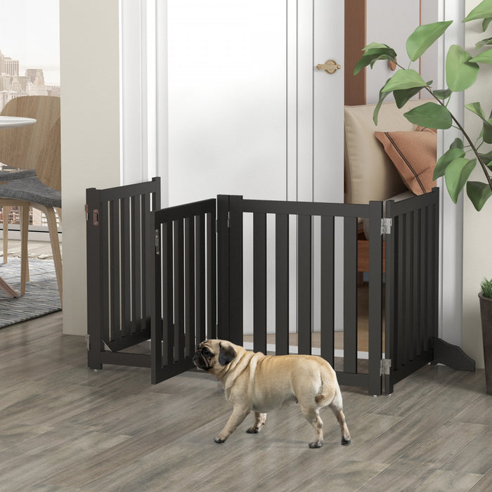 Pawhut Foldable Dog Gate With Door, 4 Panels Freestanding Pet Gate With Support Feet Indoor Playpen For Small Dogs And Below, Black