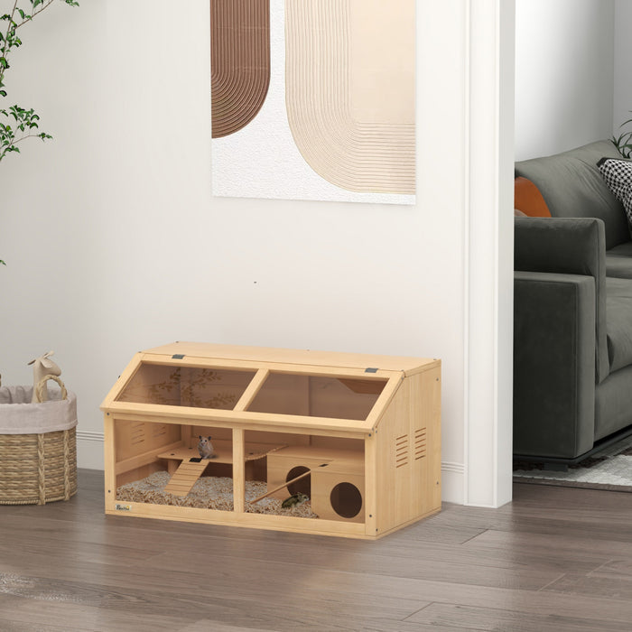 Pawhut Wooden Hamster Cage, 33.5\"l Hamster Habitat, Small Animal Cage For Syrian Drawf Hamster Gerbils Mice With Suspension Bridge, Openable Top, Ladders, Platform, Natural Wood