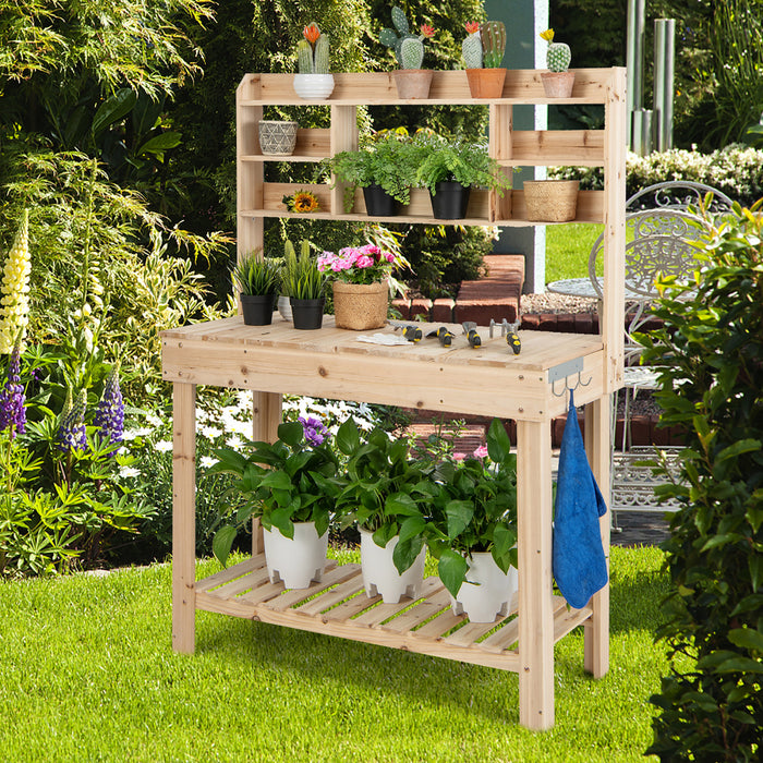 Costway Potting Bench Table Wooden Garden Work Bench Platform With Display Rack Hidden Sink