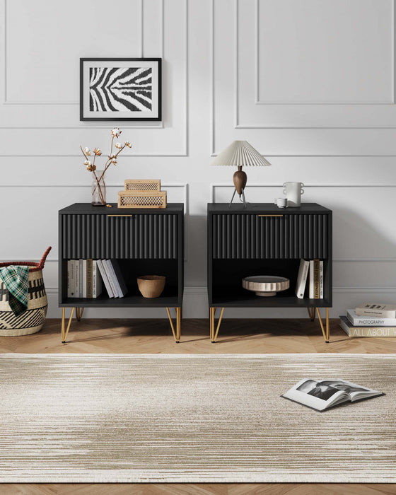 Dumbo Modern 20\" Fluted Nightstand in Black (1-Drawer) - Set of 2