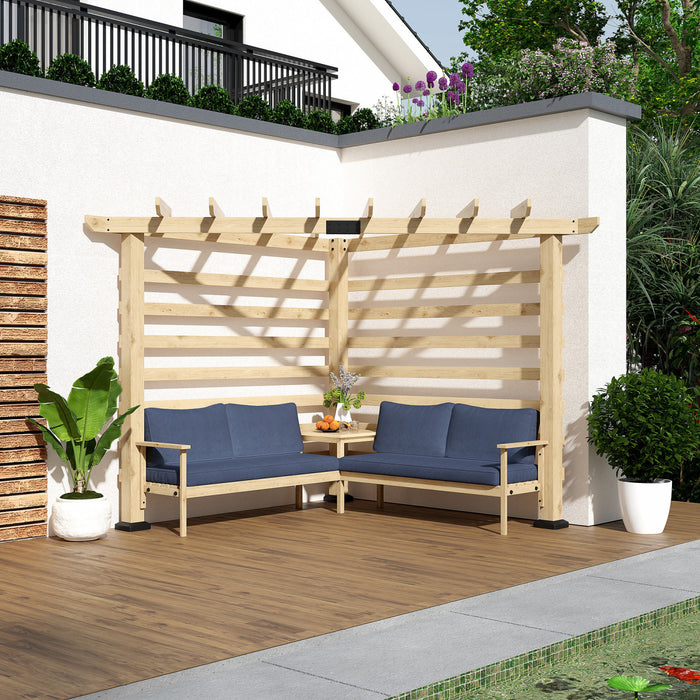 Outsunny 9' X 9' Corner Pergola With Conversation Set And Cushions, Fir Wood Outdoor Pergola With End Table For Climbing Plants, Natural And Blue