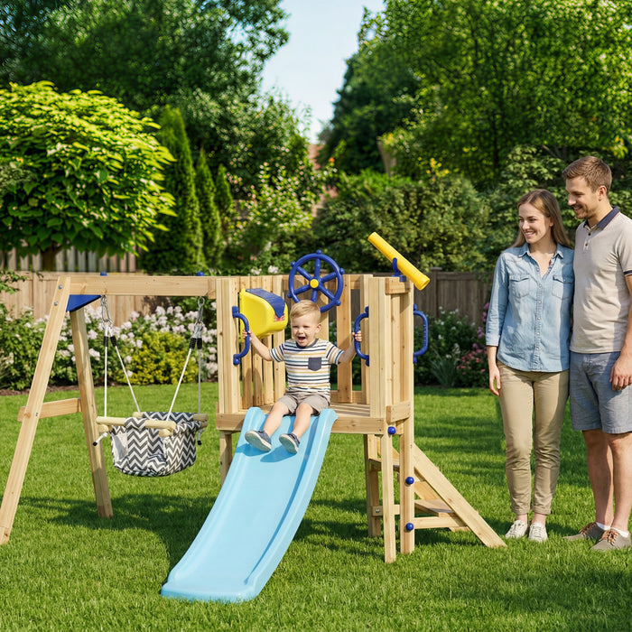 Outsunny Kids Swing Set with Slide, Wooden Swing Set with Baby Swing Seat, Captain's Wheel, Telescope, Outdoor Play Structure for Playground, for Ages 18-48 Months, Natural