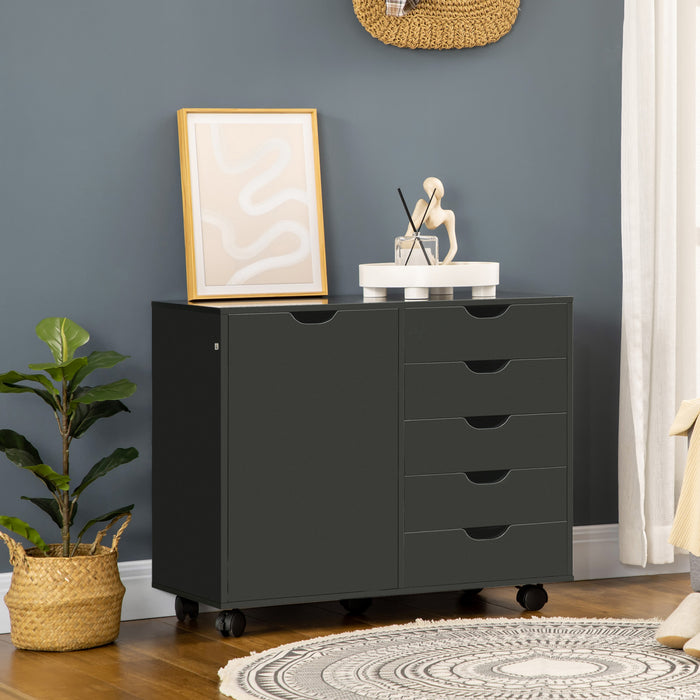 HOMCOM Modern Mobile 5-Drawer Chest with Door, Office Storage Cabinet Black