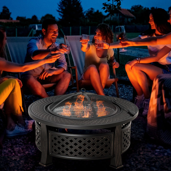 Outsunny Outdoor Fire Pit, Round Firepit With Grill Net, Mesh Lid, Bronze