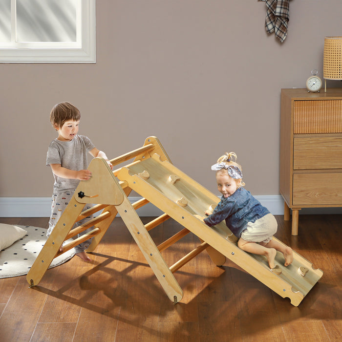 Qaba Pikler Triangle Set, Climbing Toys For Toddlers With Ramp, 3 In 1 Climbing Toys Indoor Baby Jungle Gym For 18-48 Months, Nature Wood
