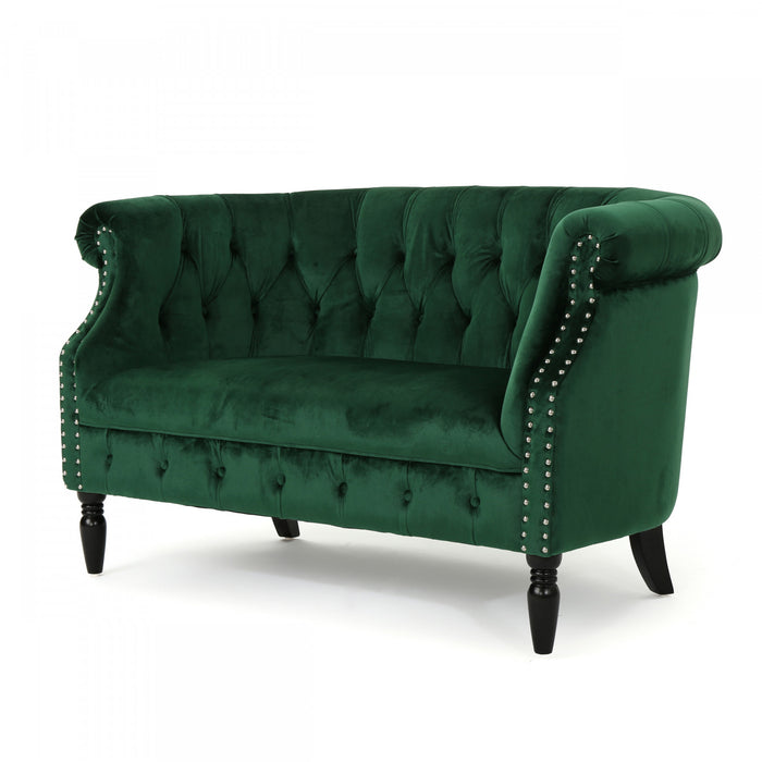 Vivian Solid Wood Rolled Arms Velvet Loveseat,Emerald
