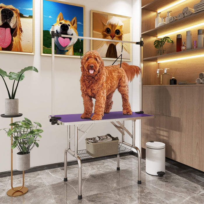 Pawhut Adjustable Dog Grooming Table Rubber Top 2 Safety Slings Mesh Storage Basket Heavy Metal Purple 42.25\"x 23.5\" X 67\"