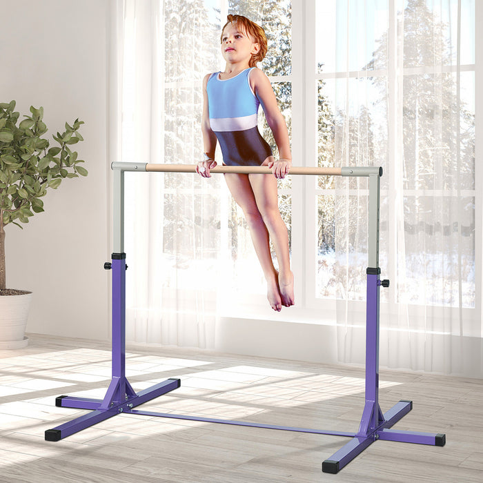 Soozier Gymnastics Bar for Kids, Height Adjustable 3' to 4.9', 13-Level Training Bar for Toddlers with 76.4-inch Extended Support, Purple
