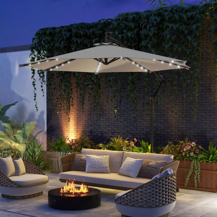 Outsunny 10ft Outdoor Cantilever Umbrella With Solar Lights Light Grey