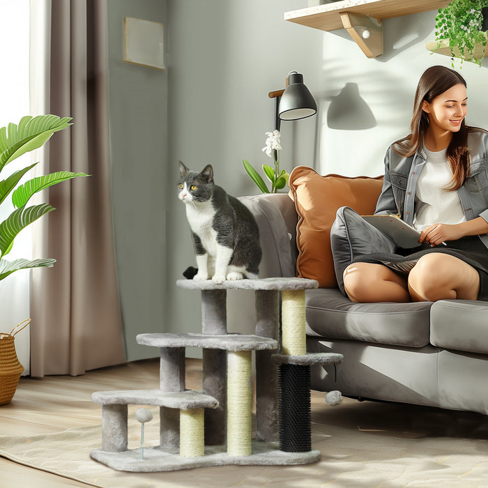 Pawhut 20\" Cat Tree, 2 In 1 Cat Tower 3 Steps Pet Stairs With Scratching Posts, Tickling Post, Toy Balls, Cat Stairs For Bed, Couch, Sofa, Light Grey