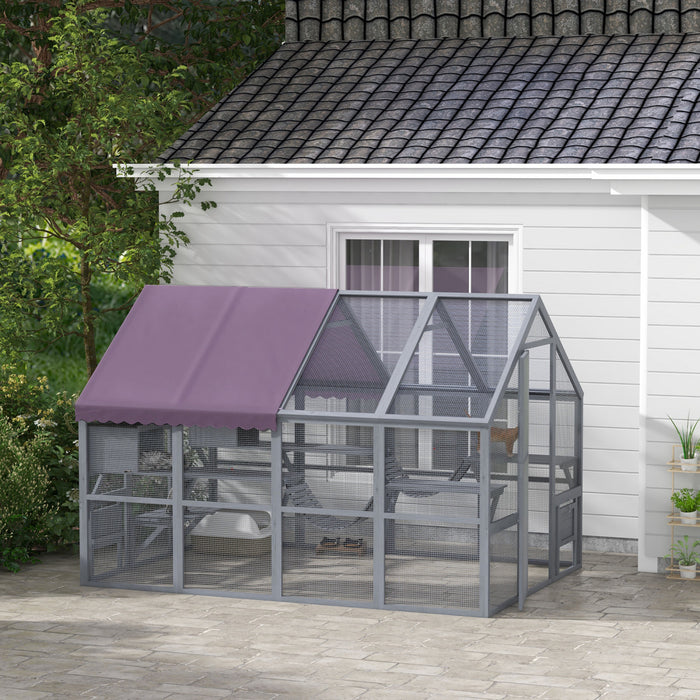 Pawhut Catio Outdoor Cat Enclosure Wooden Feral Cat House With Weatherproof Canopy, Bridges, Resting Boxes, Platforms, For 3-6 Cats, Grey