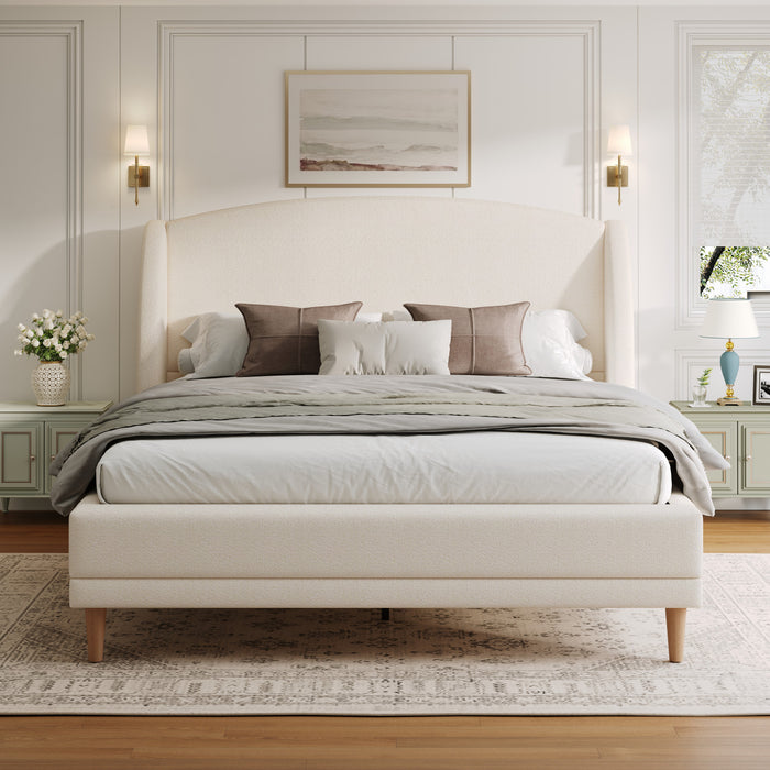 Jeffrey Upholstered Bed with Boucle Wingback Headboard,Queen Size - White