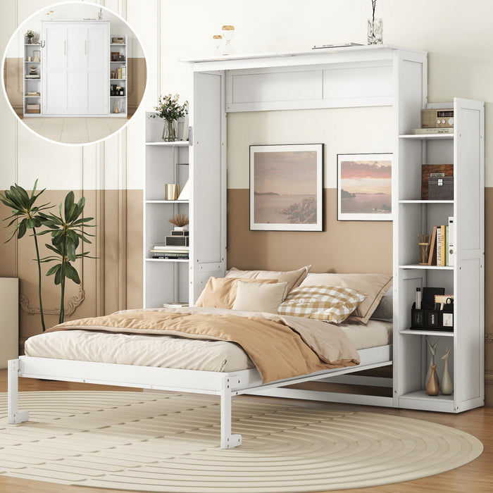Aiden Murphy Bed with Shelves and LED Lights,Full Size,White Full Bed