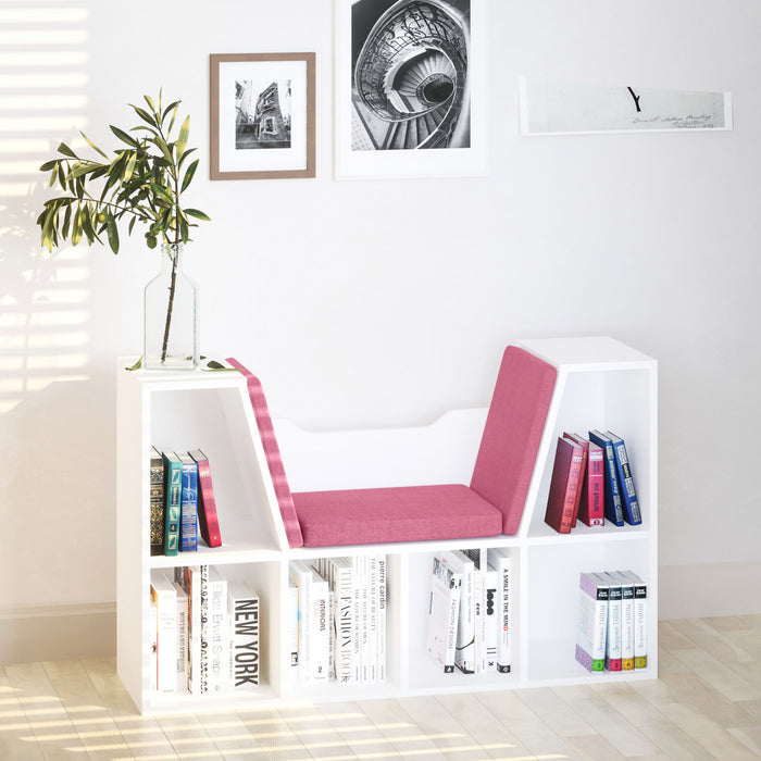 HOMCOM 6-Cubby Bookcase Bookshelf with Cushion Reading Nook, Pink