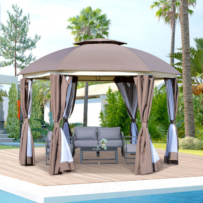 Outsunny 12' X 12' Round Outdoor Gazebo, Patio Double Soft Top Gazebo Canopy Shelter With Zipper Netting Sidewalls And Removable Curtains For Garden, Patio, Backyard, Brown