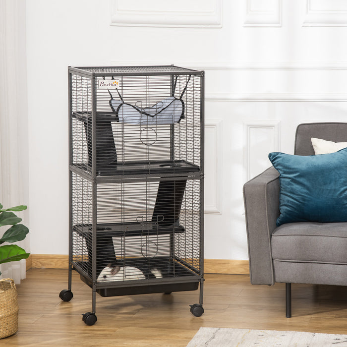 Pawhut 4-tier Rolling Small Animal Cage Pet Mink Chinchilla Small Cat Hutch Pet Play House With Hammock Platform, Ramp,removable Tray For Pet Mink, Chinchilla, Small Cat