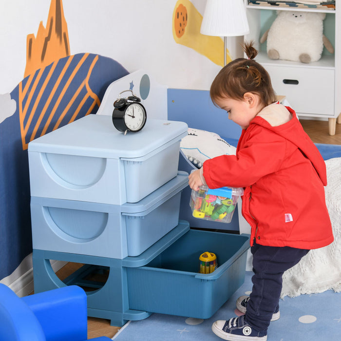 Qaba Kids Toy Storage Organizer With 3 Plastic Bins, 3 Tier Drawer Chest Utility For Kids Bedroom Nursery Kindergarten Living Room For Boys Girls Toddlers, Blue