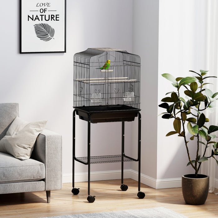 Pawhut 49\" Bird Cage For Finches, Canaries, Budgies, Parrot Cage With Accessories, Wheels, Detachable Stand, Storage, Black