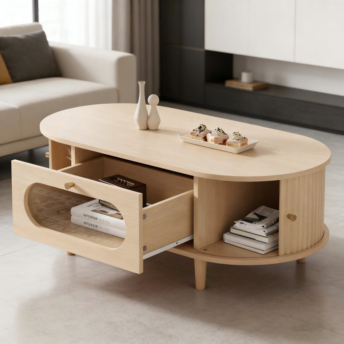 Grain 39.3 Inch Walnut Coffee Table with Roll-Up Door and Acrylic Drawer, Natural Walnut