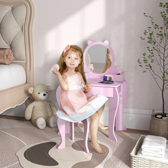 Qaba Kids Vanity Set With Mirror And Stool, Makeup Vanity Table For Children 3-6 Years Old, With Drawer Storage Boxes, Cat-design
