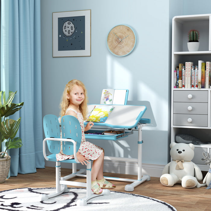 Qaba Kids Desk And Chair Set, Height Adjustable Kids Study Table And Chair Set With Tilt Desktop, Large Writing Board, Storage Drawer, Book Stand For 3-12 Years, Blue