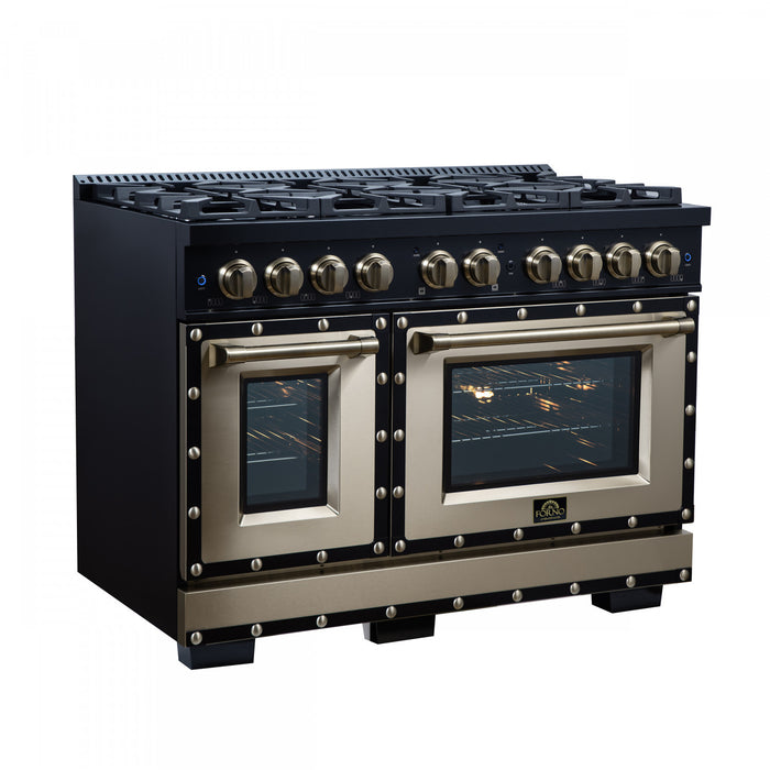 Forno Ambassador 48\" Dual Fuel Range, Black, 8 Sealed Burners, 6.7 Cu.Ft. Ovens - FFSGS6199-48CPBLK