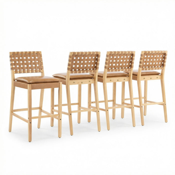 Philip Modern Rubber Wood Bar Stool Set of 4 with Woven Back Support,Natural