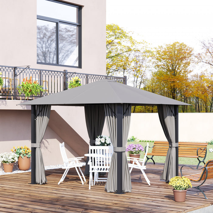 Outsunny 10' X 10' Patio Gazebo Outdoor Aluminum Frame Canopy Shelter With Curtains, Vented Roof For Garden, Lawn, Backyard And Deck, Grey
