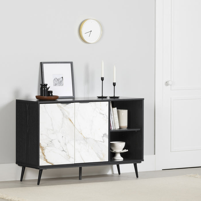 Mezzy 2-door Sideboard With Open Storage - Black Oak And Faux White Marble 