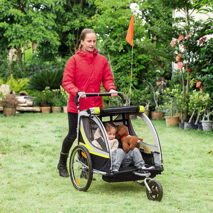 Aosom 2-in-1 Bike Trailer For Kids 2 Seater, Baby Stroller With Brake, Storage Bag, Safety Flag, Reflectors & 5 Point Harness, Yellow