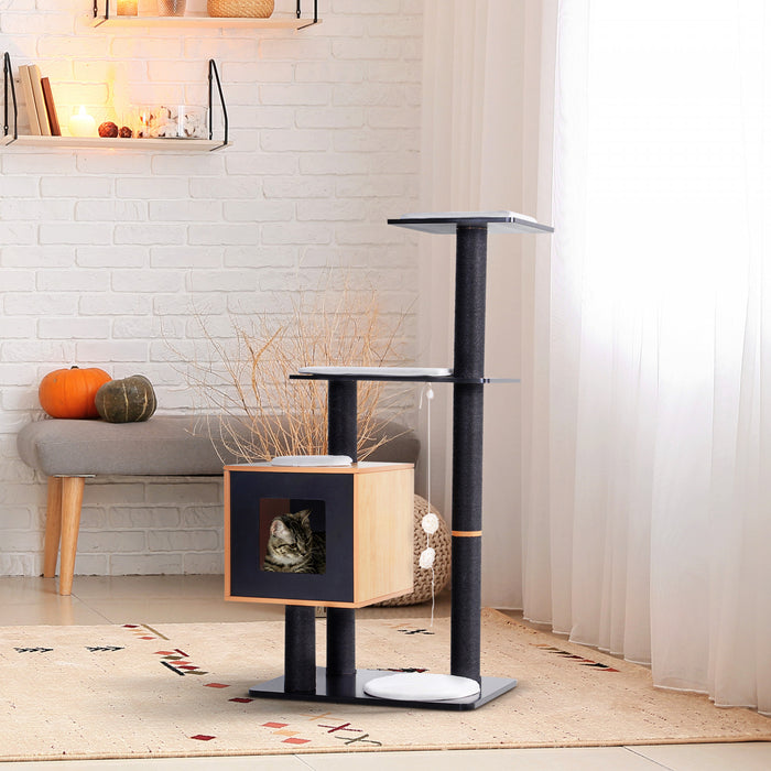 Pawhut 47\" Wood Cat Tree, Cat Condo Tower With Scratching Post, Toy Ball, Black