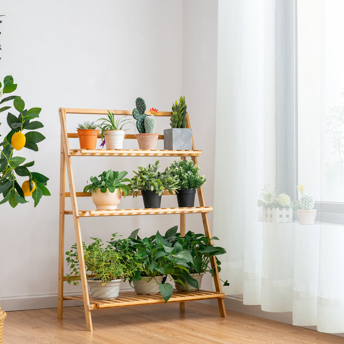 Costway Bamboo Ladder Plant Stand 3-tier Foldable Flower Pot Display Shelf Rack Natural