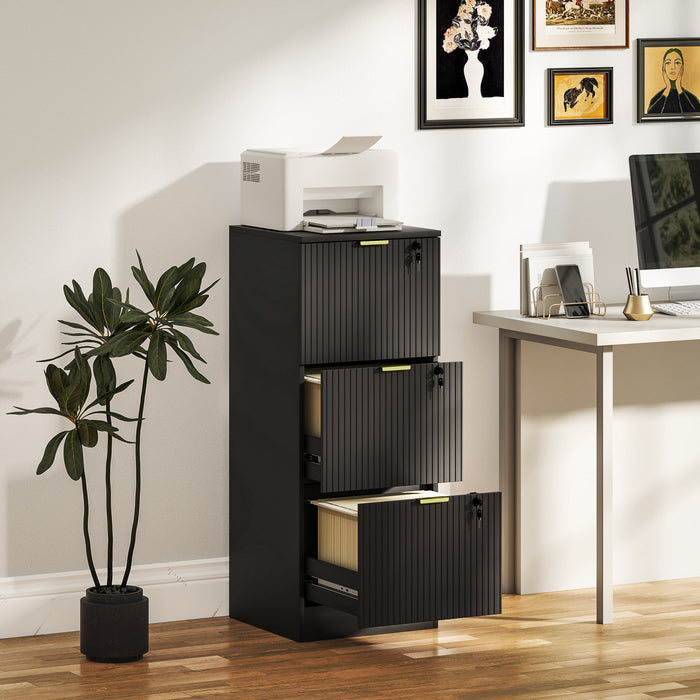HOMCOM 3 Drawer File Cabinet Fluted Vertical Filing Cabinet with Lock Black