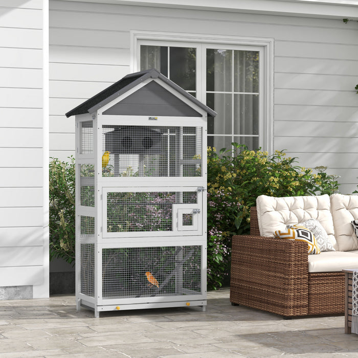 Pawhut Wooden Bird Cage, 67\" Parrot Cage With Perches, Bird House, Ladder, Slide-out Tray For Finches, Parakeets, Small Birds, Indoor Outdoor Use, Grey