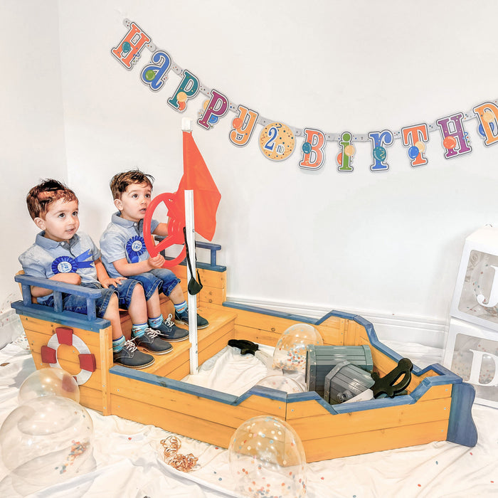 Kids Wooden Sandbox Pirate Ship Sandboat Outdoor Backyard Playset Children Play Station W/ Bench Seat Storage Space & Flag For 3-6 Years Old
