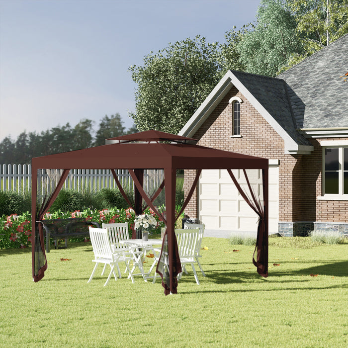 Outsunny 10' X 10' Canopy Tent, Party Tent With Mesh Netting And Double Tier Roof For Backyard, Garden, Patio, Outdoor, Brown
