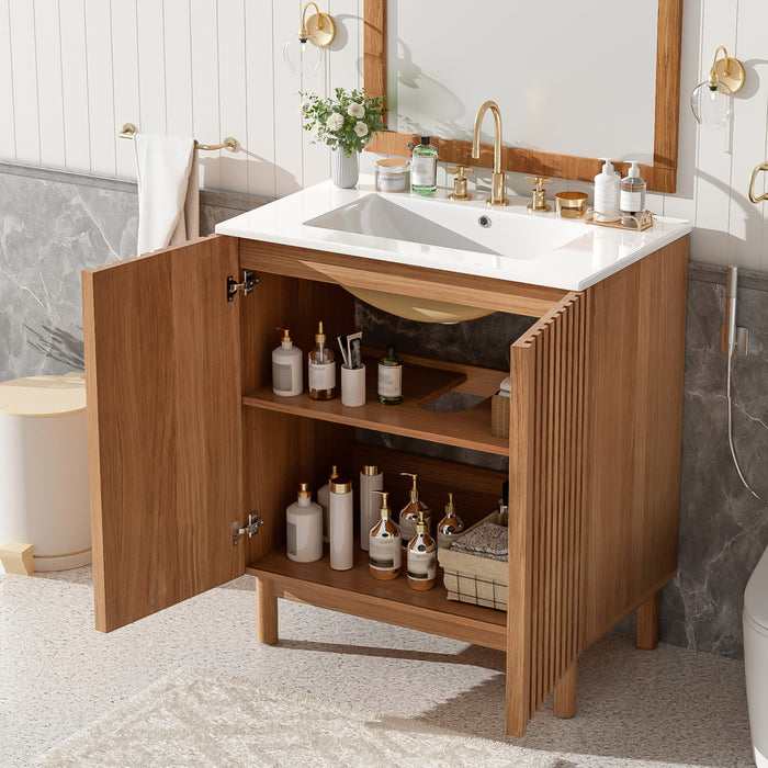 Haven Traditional 29.9 Inch Bathroom Vanity with Adjustable Storage, Brown