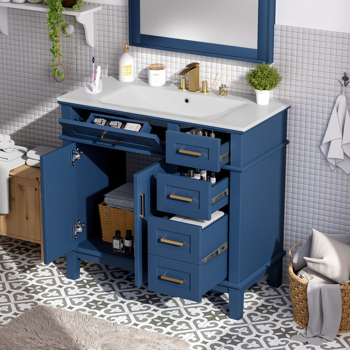 Marshall 36 Inch Modern Bathroom Vanity with Ceramic Sink & Storage, Blue