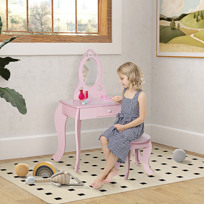 Qaba Kids Dressing Table Set, Vanity Table With Mirror And Stool, Princess Design Makeup Vanity Set With Storage Drawer, Gift For Girls 3-6 Years, Pink
