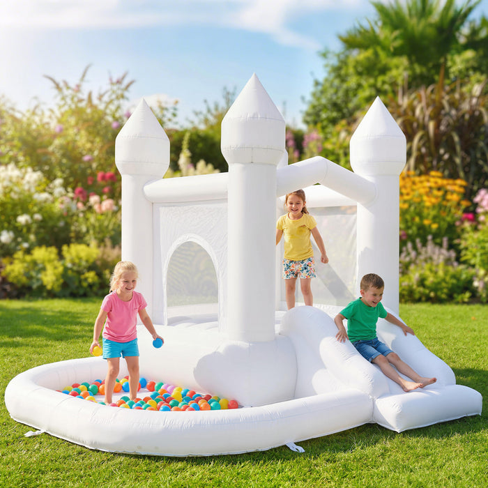 Qaba White Bounce House, 8.2 x 7.4 x 6.6 FT Inflatable Bouncy Castle for Kids with Slide, Ball Pit and 370W Blower, for Indoor Outdoor Birthday Wedding Party Backyard
