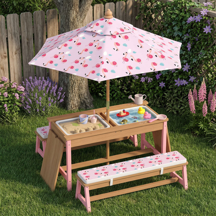 Qaba Kids Picnic Table with Umbrella, Toddler Sand and Water Table Outdoor, with Cushions & 2 x Boxes, Wooden Outdoor Activity Table and Bench Set for Backyard Garden Patio, Pink