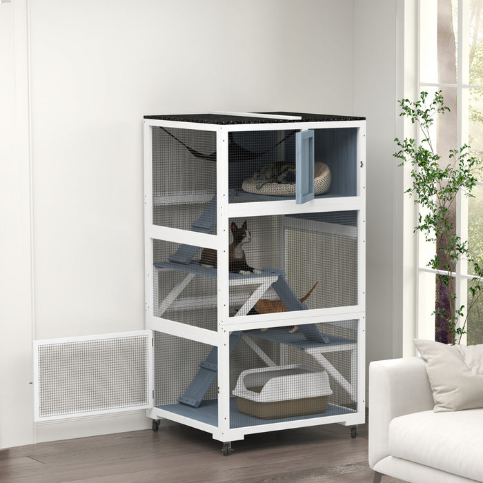 Pawhut Catio 34\" L Outdoor Cat House On Wheels With Weatherproof Roof Hammock Multiple Platforms Resting Condo Ramps Lockable Doors, For 1-3 Cats, Grey