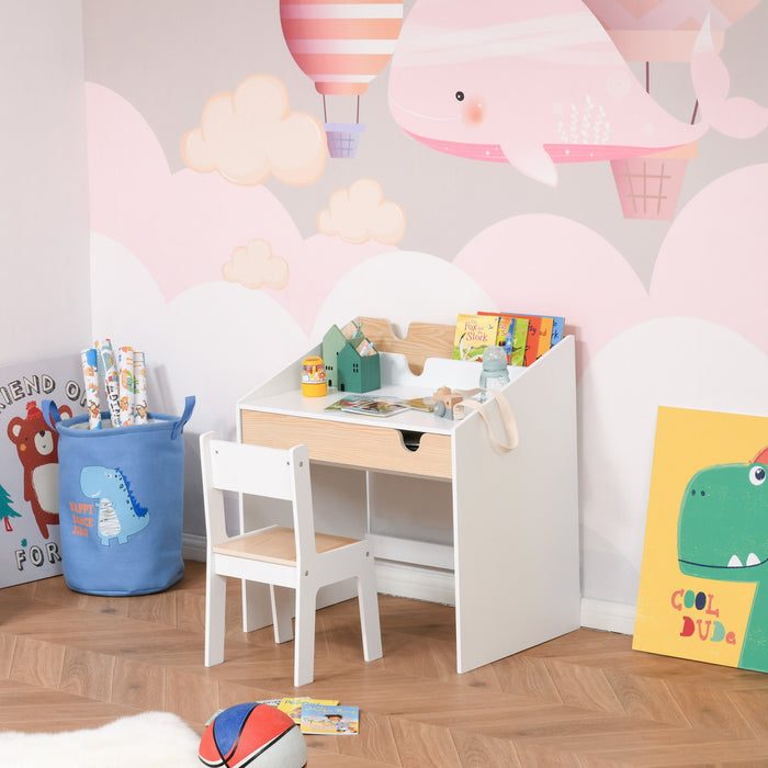 Qaba Kids Desk and Chair Set, 2 Pieces Children Study Table and Chair with Storage Pull-Out Drawer Bookshelf for 6-10 Years, Writing, Reading, Drawing, White and Natural