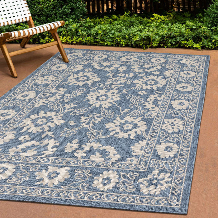 Cabana Blue White Elegant Border Outdoor Rug, 6'7\" x 9'6\" Outdoor Area Rug