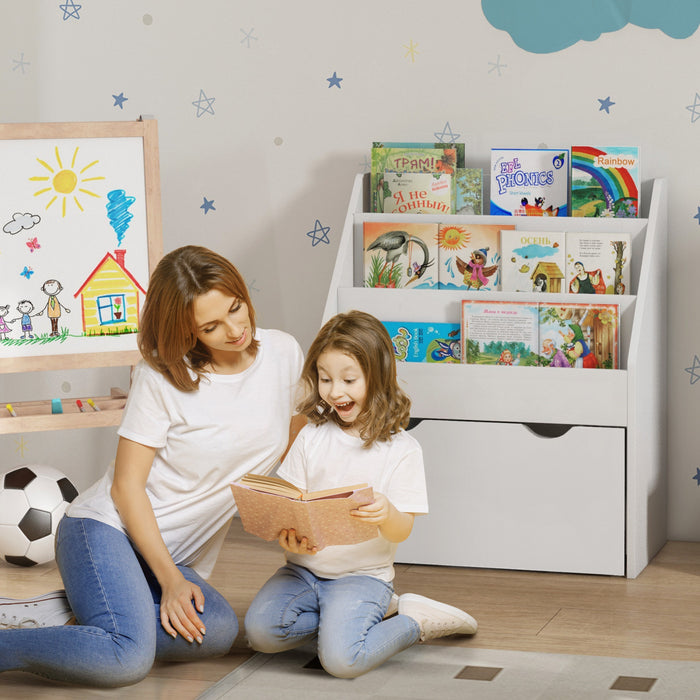 Qaba Kids Bookshelf, Bookcase Toy Storage Organizer With 3 Tier Display Shelves, Drawer, For Nursery, Bedroom, Living Room, Classroom, White