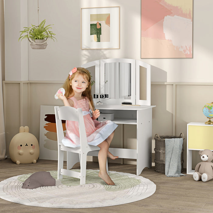 Qaba Kids Vanity Set, 2 In 1 Makeup Dressing Table Writing Table Pretend Play With Mirror Stool, Storage Shelf, Detachable Top, For Little Girls Aged 3-8 Years, White
